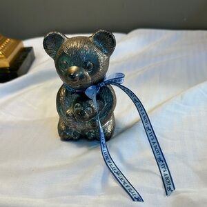 Vintage Silver Tone Metal Bear 🐻 & Cup Coins Bank with Blue Ribbon